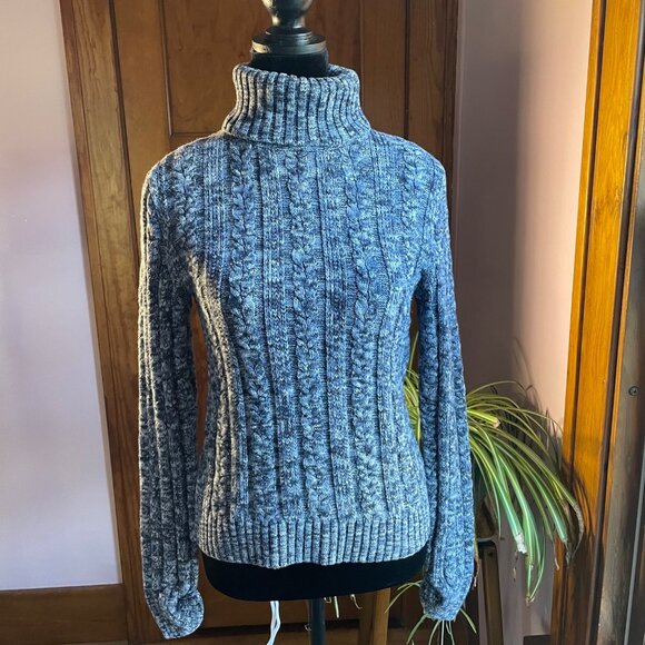 Vintage 90s Y2K Express Cable Knit Turtleneck Marled Blue Sz L 90s Cozy Academia - Picture 1 of 8